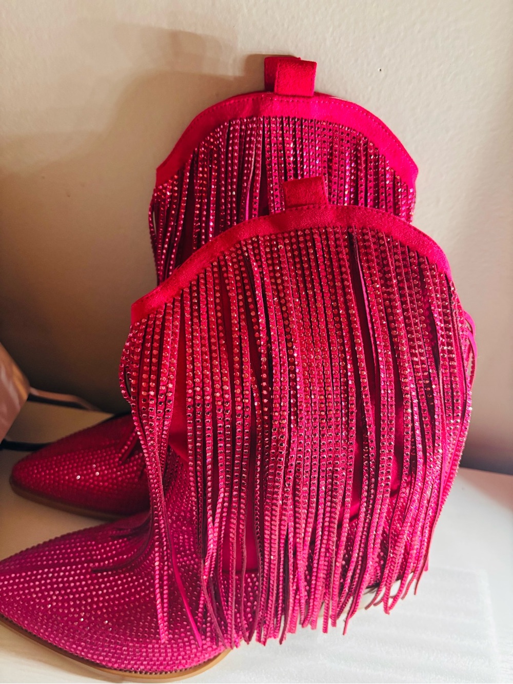 Hot Pink Rhinestone Fringe Ankle Boots
